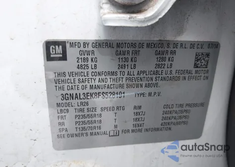 2015 Chevrolet Captiva Sport Lt z USA, uszkodzony, nr VIN 3GNAL3EK8FS528191